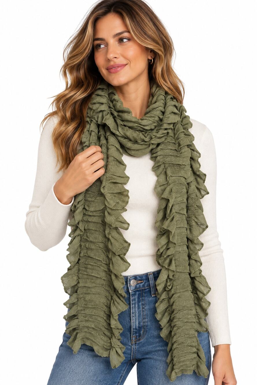 Echo Olive Green Crinkle Ruffle Scarf Textured Ruched 11x72